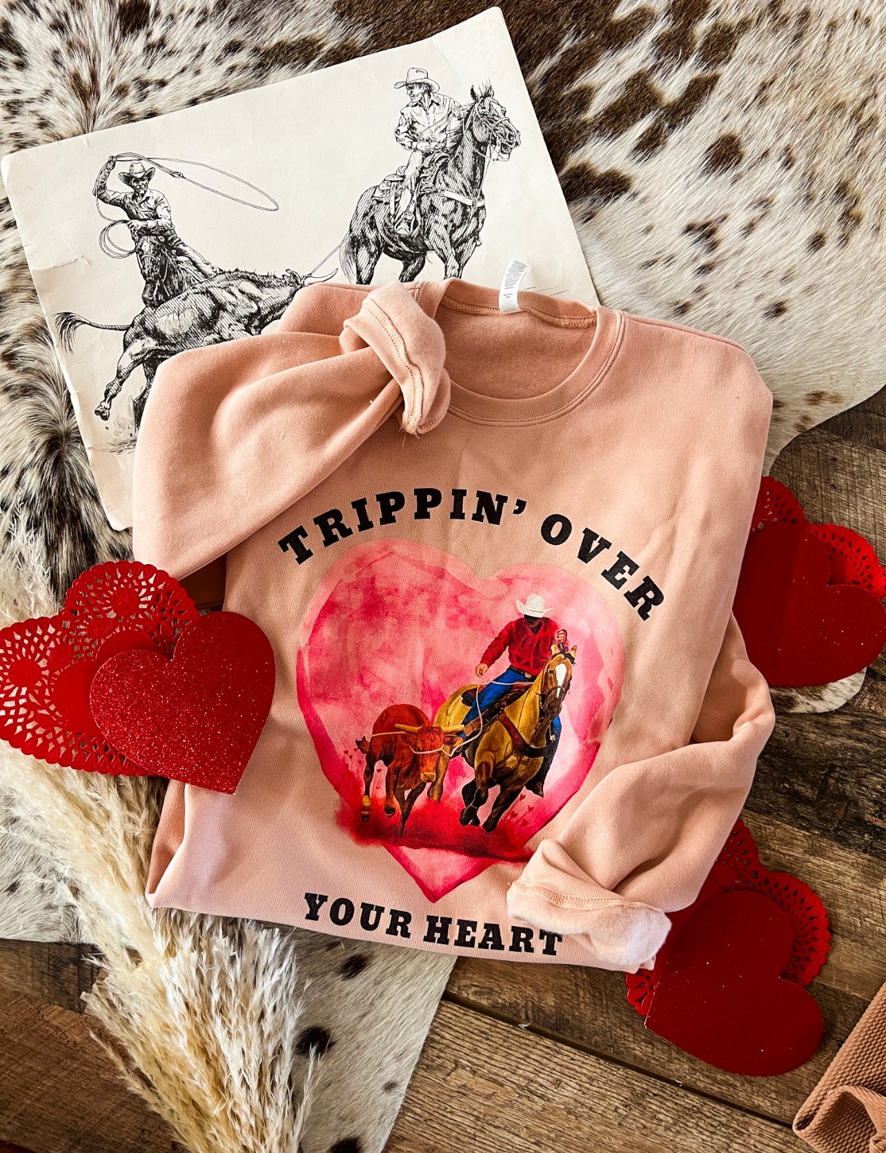 Trippin’ Over Your Heart Valentines Tee or Sweatshirt(Adult)(Peach)