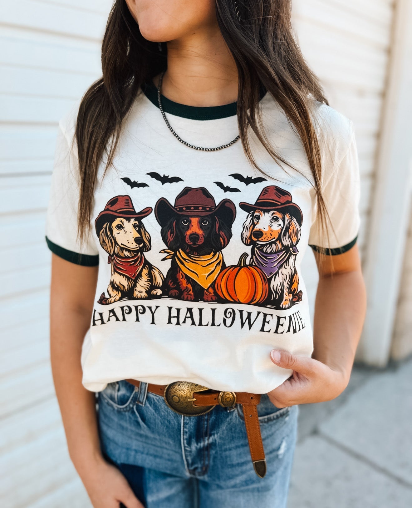 Halloweenie Ringer Tee(Cream/Forest Green)