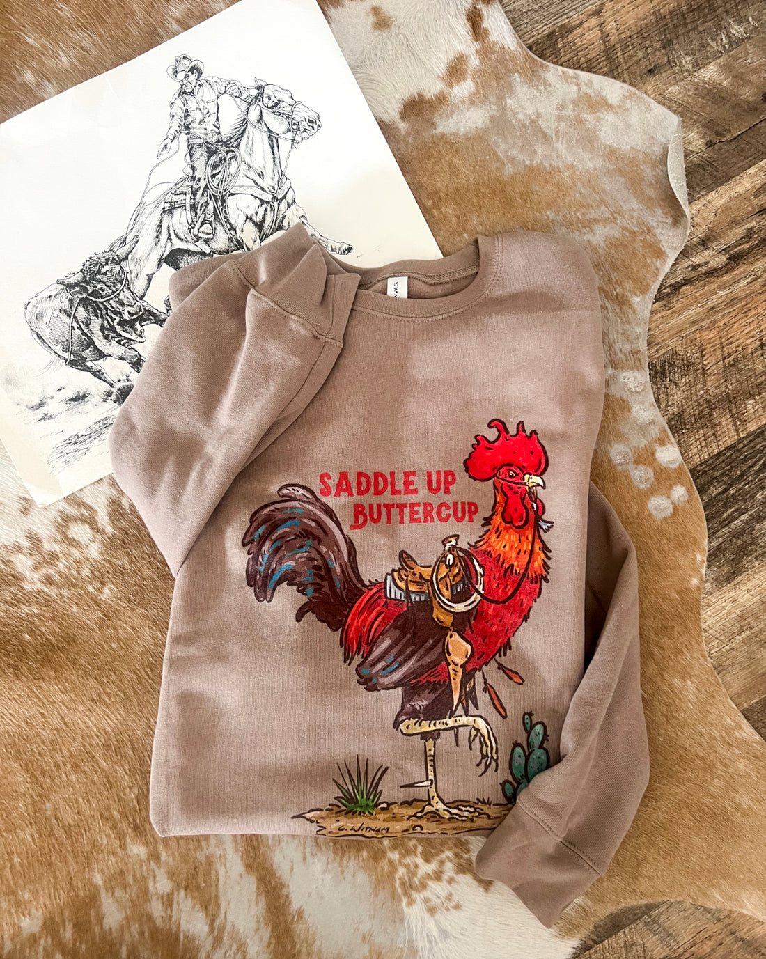 Saddle Up Buttercup Rooster Sweatshirt (Mocha)