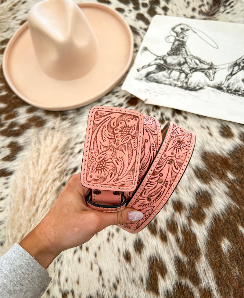 Dusty Pink Tooled Dreams Buckle And Belt