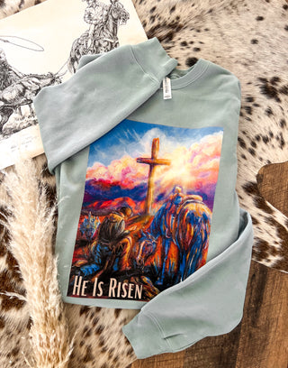 He Is Risen Easter Design Tee Or Sweatshirt(Sea Foam)