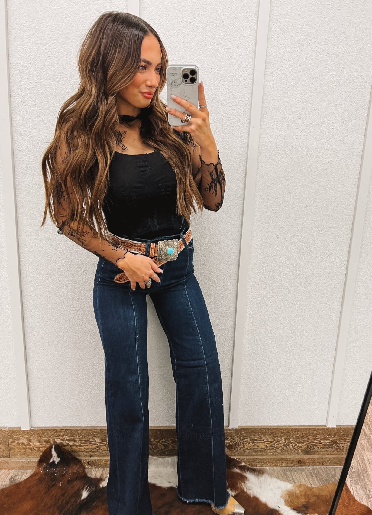 All Over Floral Lace Sheer Top(Black)