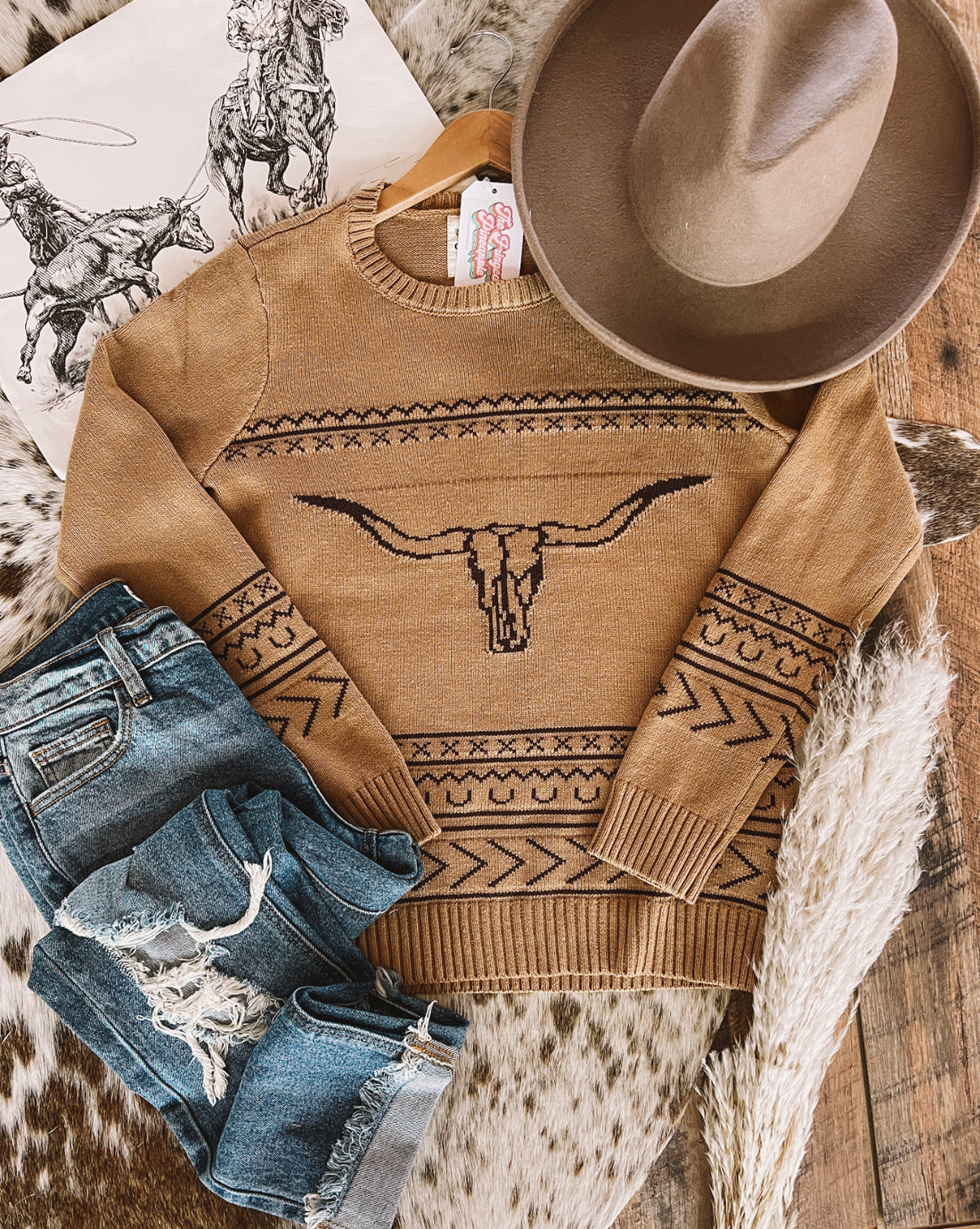 Out To Pasture - Longhorn Sweater (Tan)