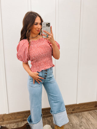 Backroad Plaid Puff Blouse(Red)