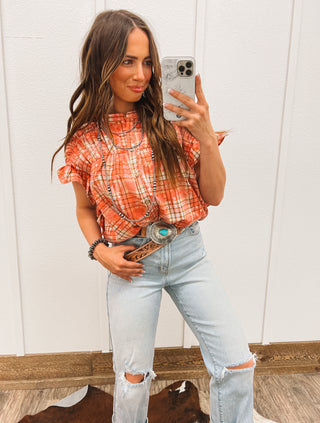 Vintage Plaid Shirred Blouse(Coral)