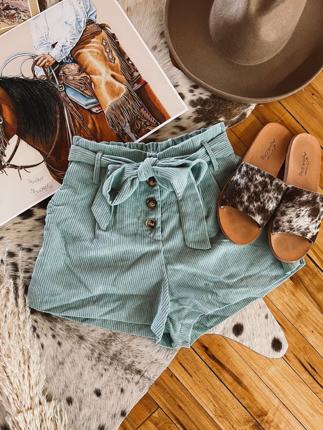 Corduroy Belted Button Down Shorts(Mint)