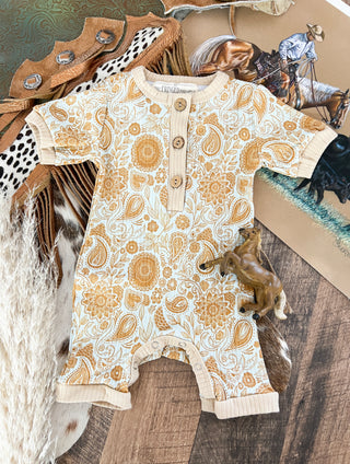 Peach Paisley Button Romper-final sale