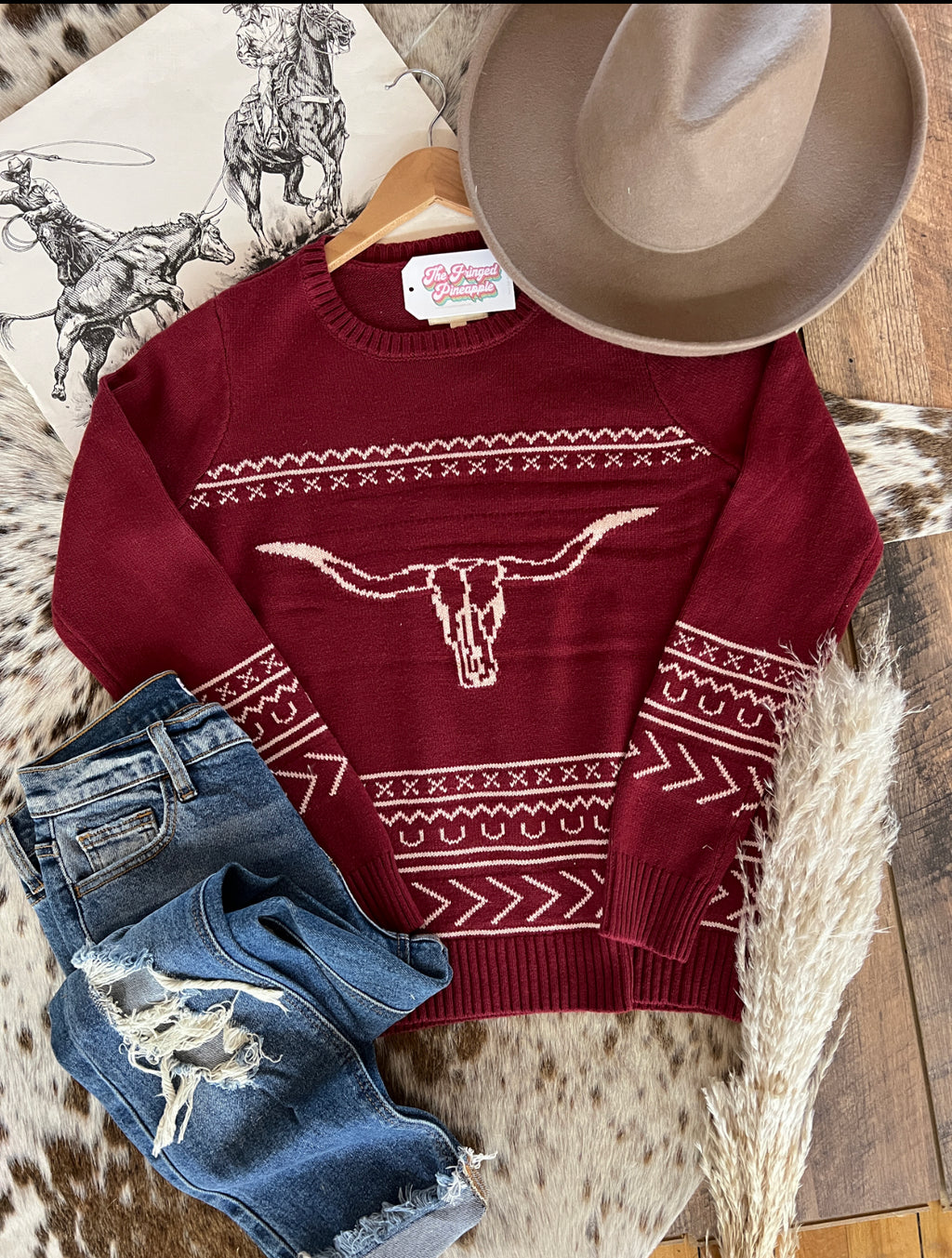 Out To Pasture - Longhorn Sweater (Wine)