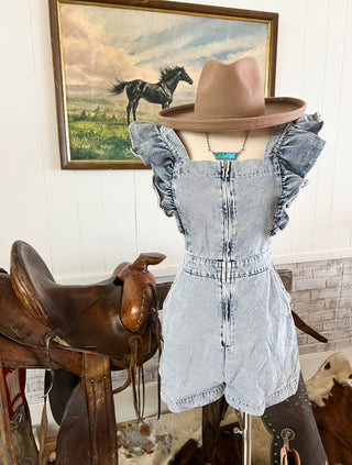 Wanna Be Loved Ruffle Denim Romper