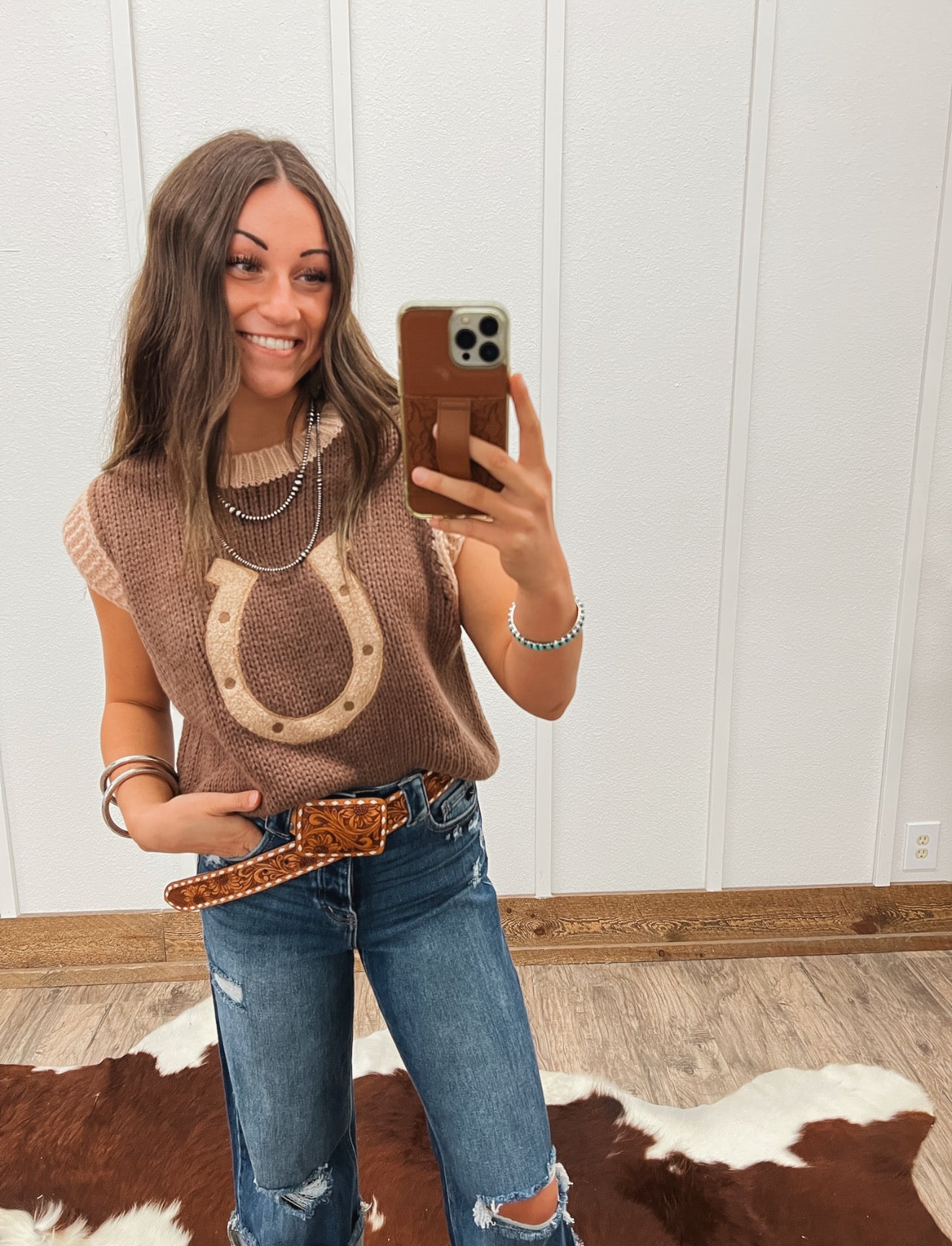 Wild Woven Horseshoe Sweater Vest(Brown) Tops - Sweaters