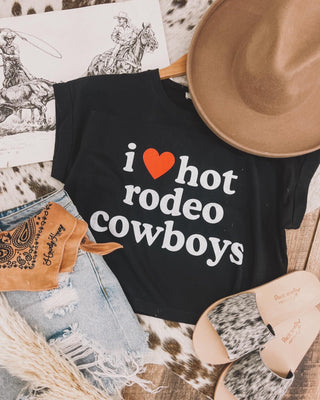 I Heart Hot Rodeo Cowboys Semi Crop Black(Fringed exclusive)