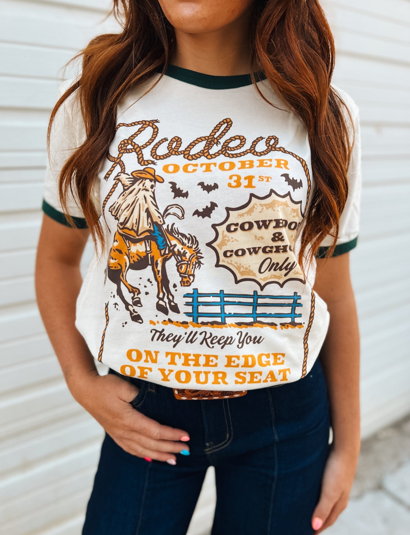 Cowboos &Cowghouls – Halloween Rodeo Ringer Tee(hunter green)