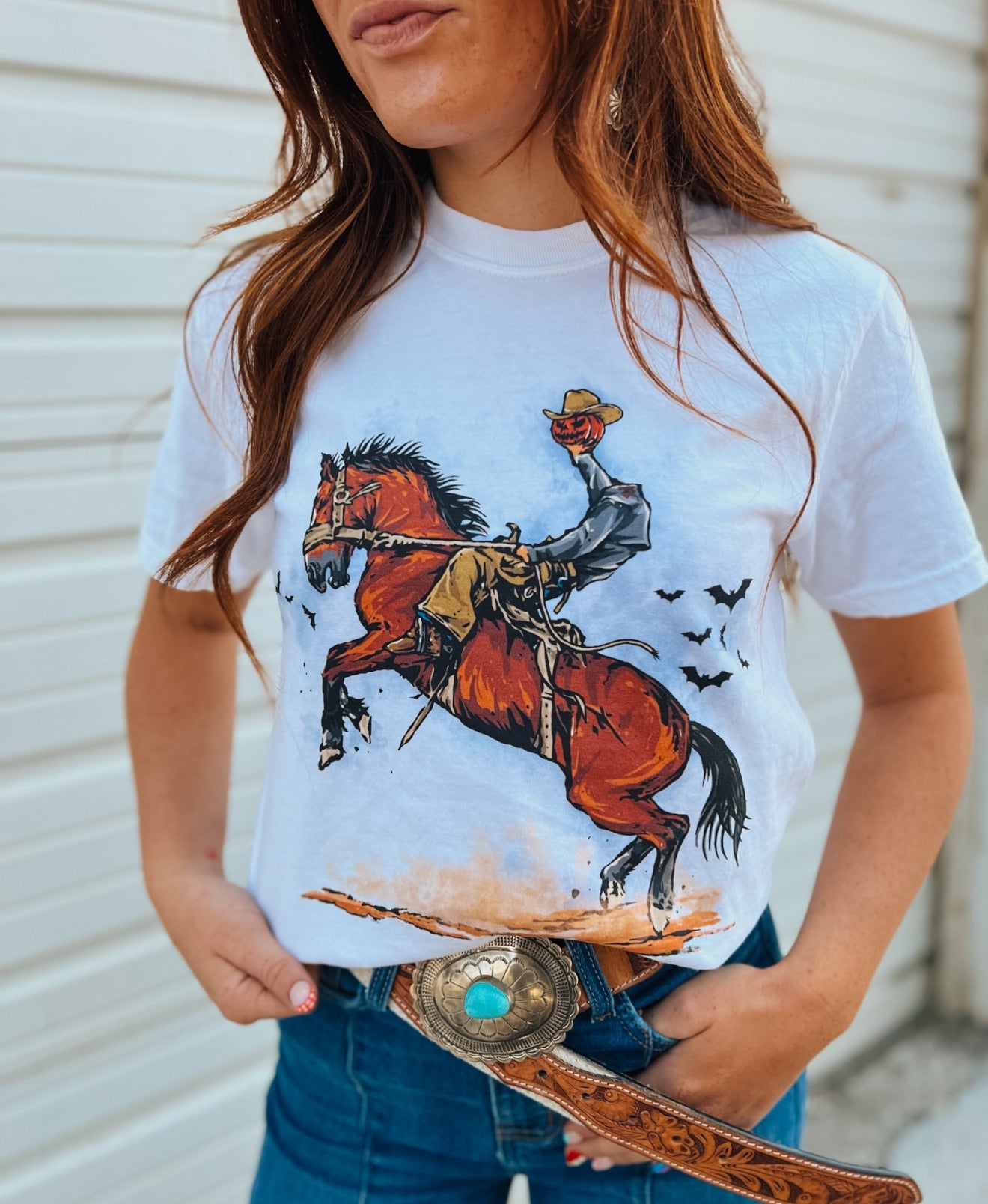 Haunted Bronc – Headless Horseman Halloween Tee(White)