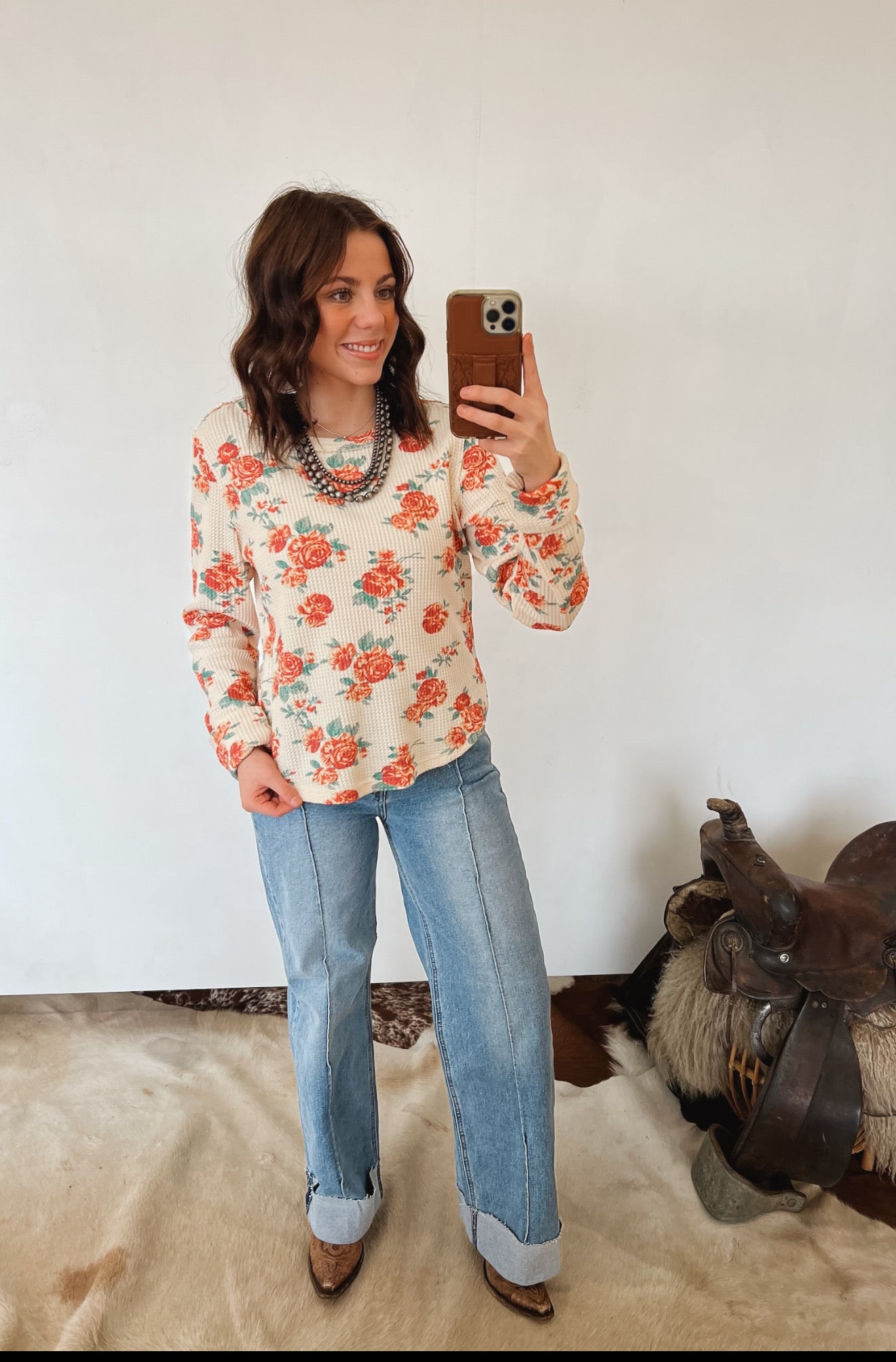 Vintage Waffle Floral Top Tops - Sweaters