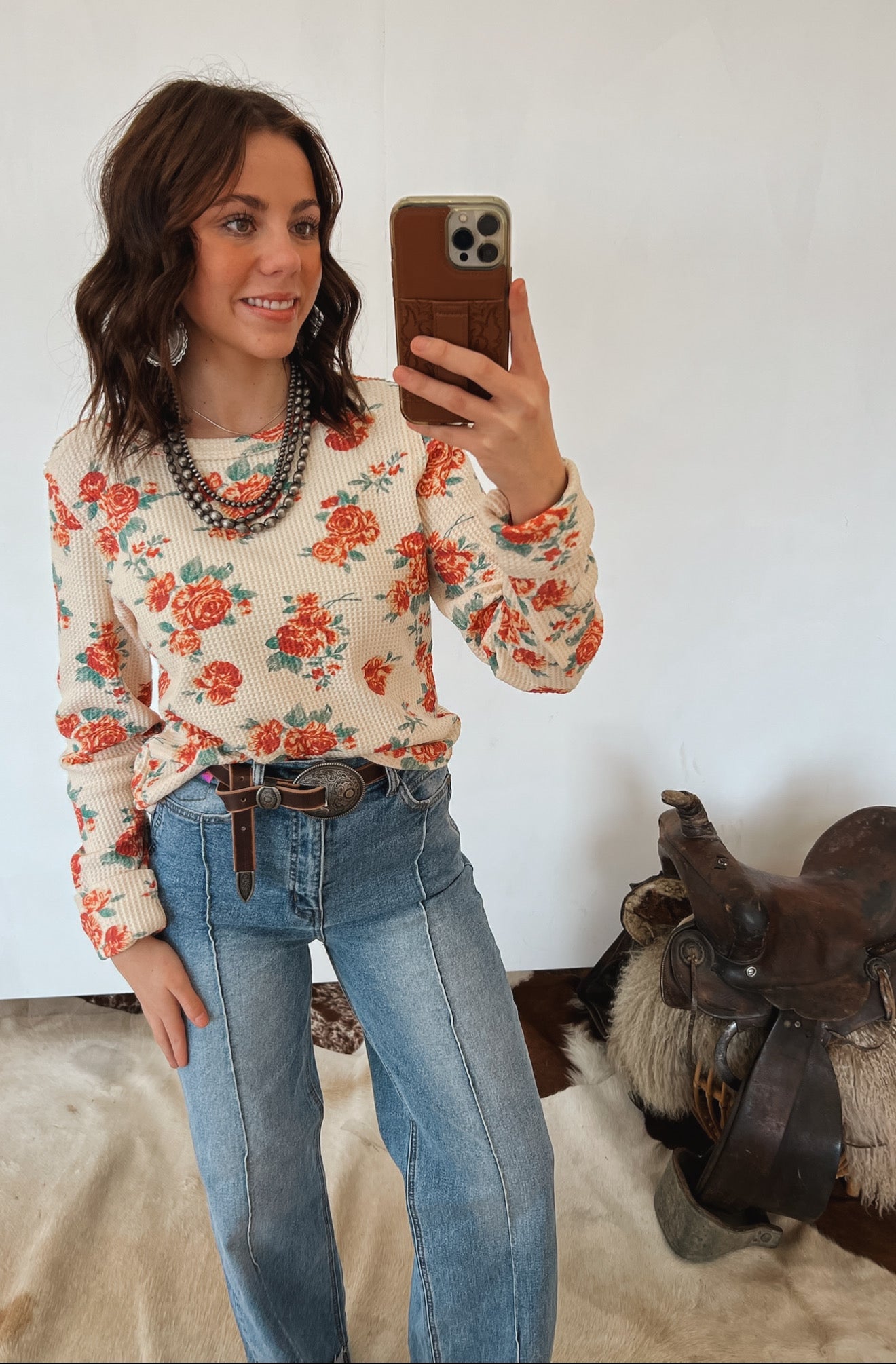 Vintage Waffle Floral Top Tops - Sweaters