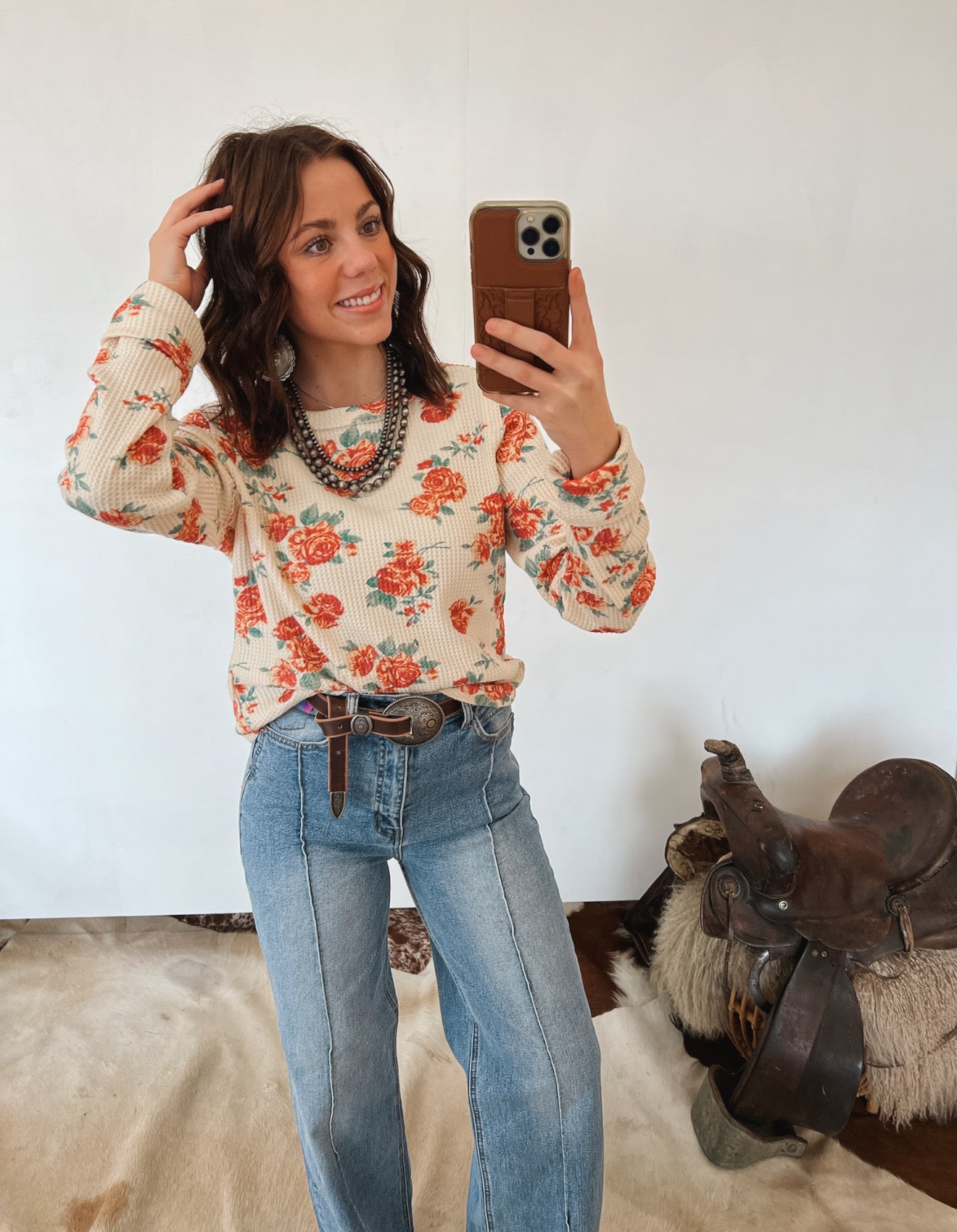 Vintage Waffle Floral Top Tops - Sweaters