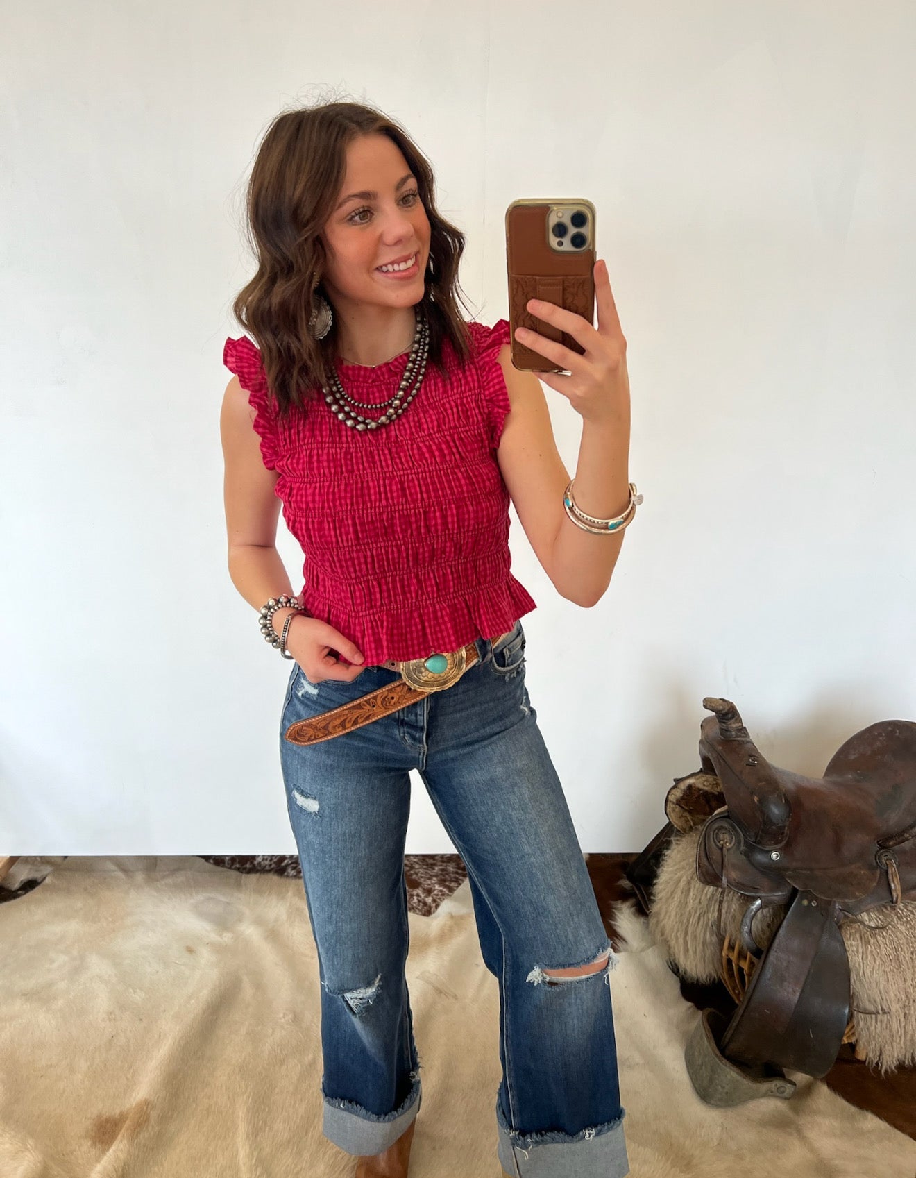 Lovely Gingham Smocked Cropped Tank Top