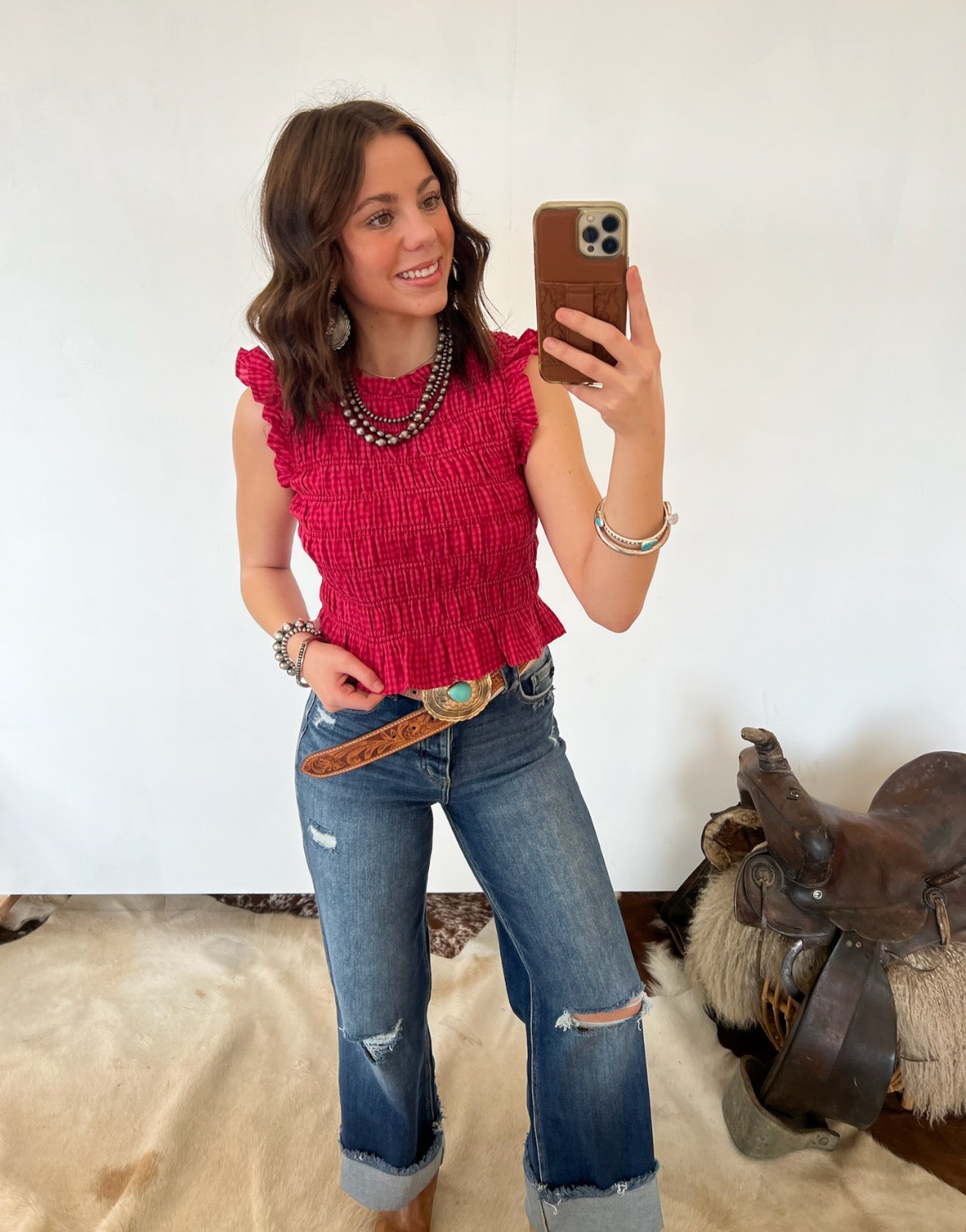 Lovely Gingham Smocked Cropped Tank Top