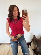 Lovely Gingham Smocked Cropped Tank Top