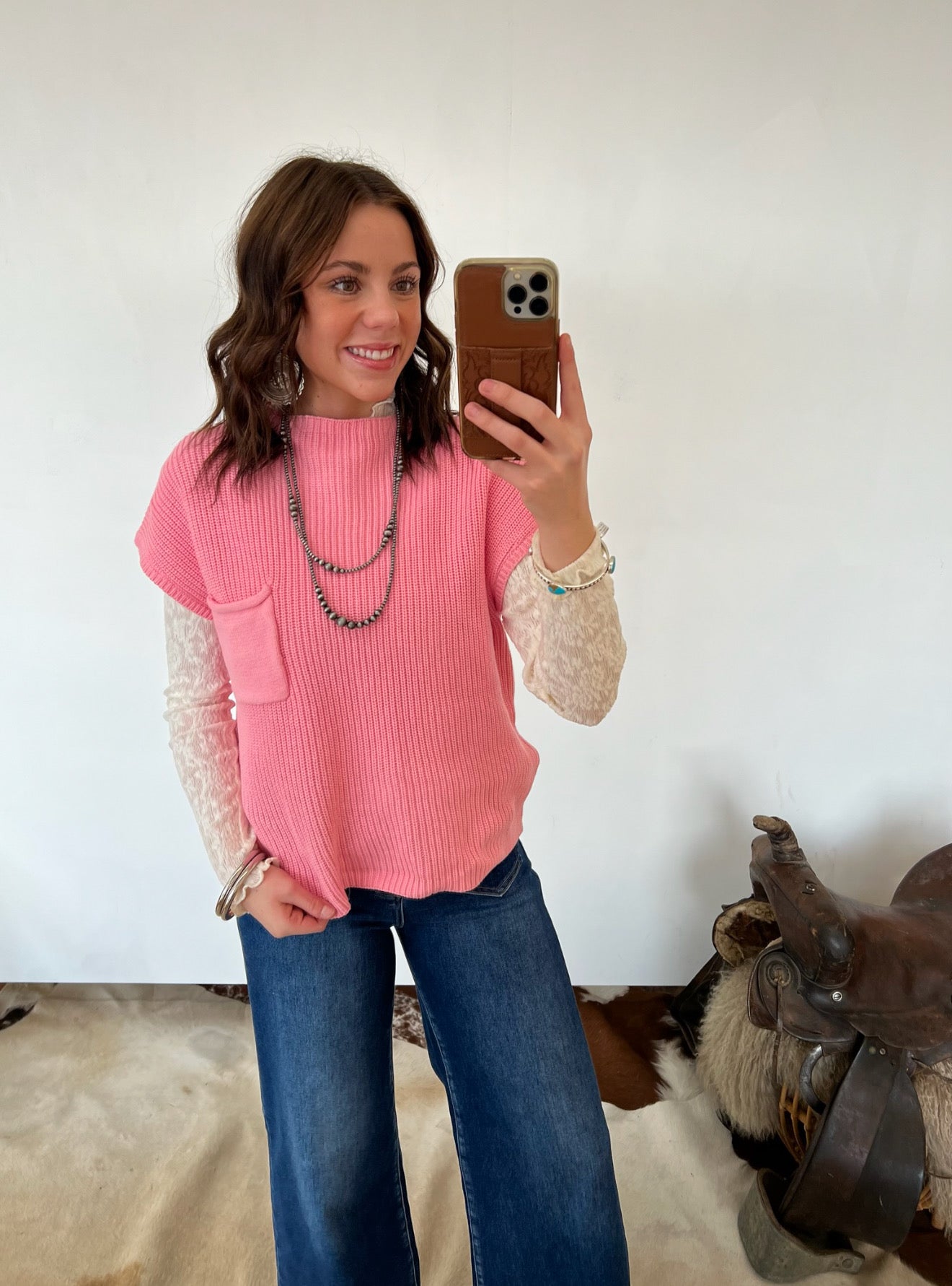 Lasso Knit Sweater Vest (Pink) Tops - Sweaters