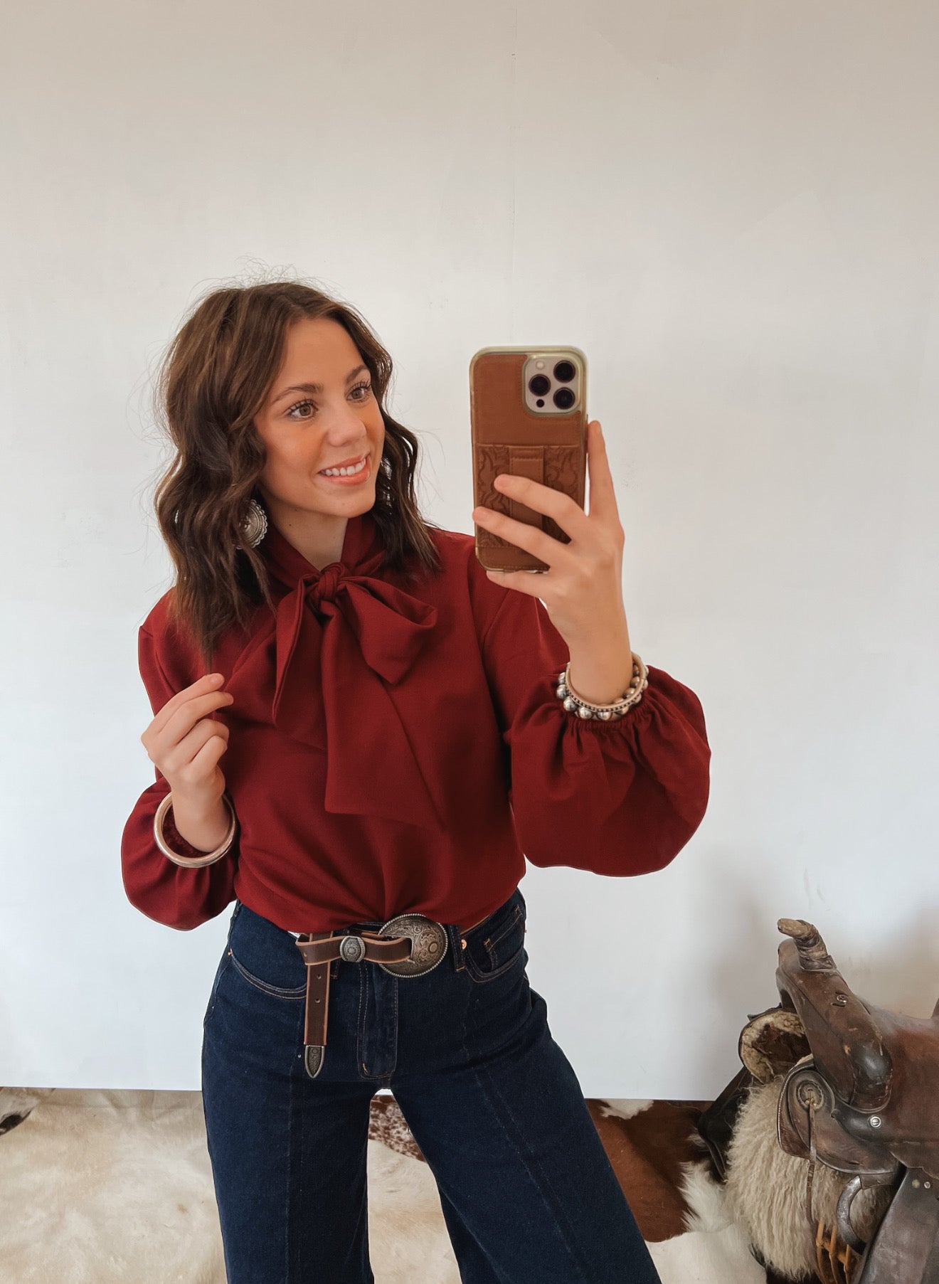 Howdy Front Tie Blouse (Burgundy)