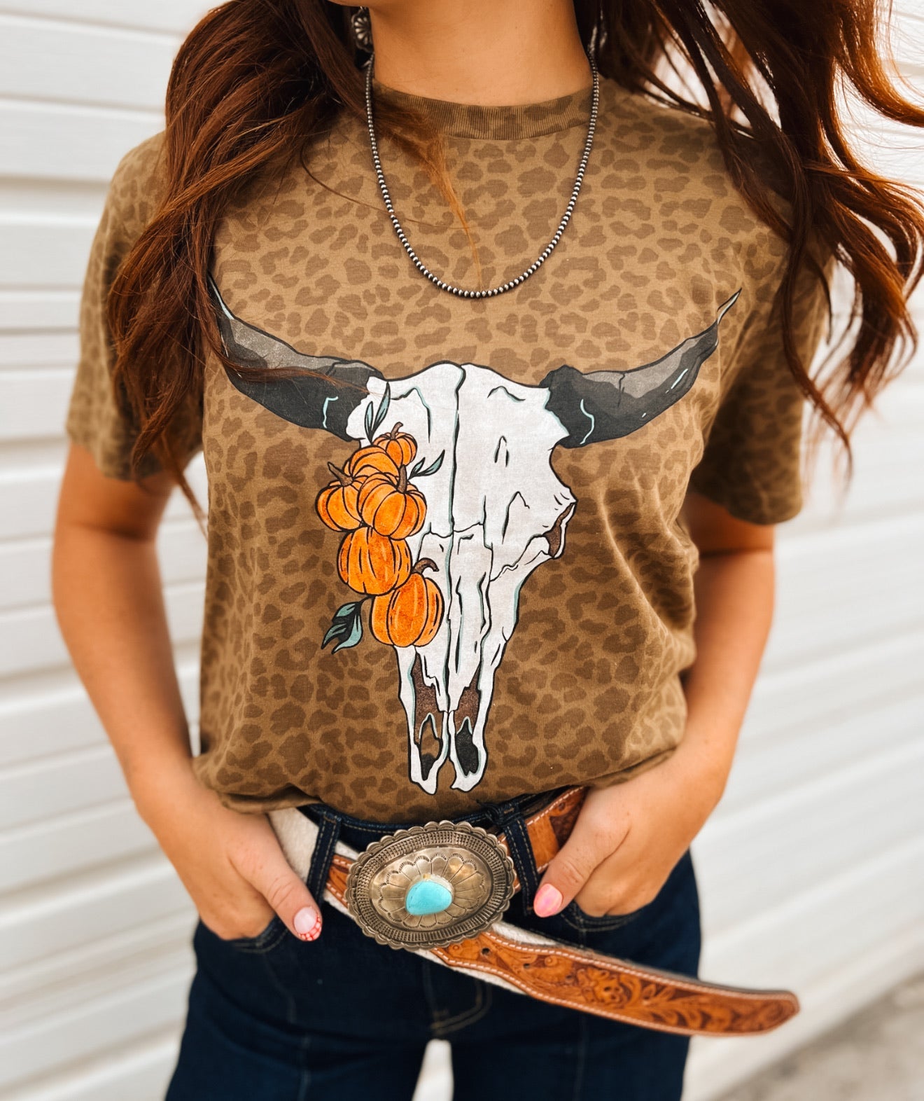 Pumpkin Bullskull – Leopard Western Graphic Tee(Leopard)