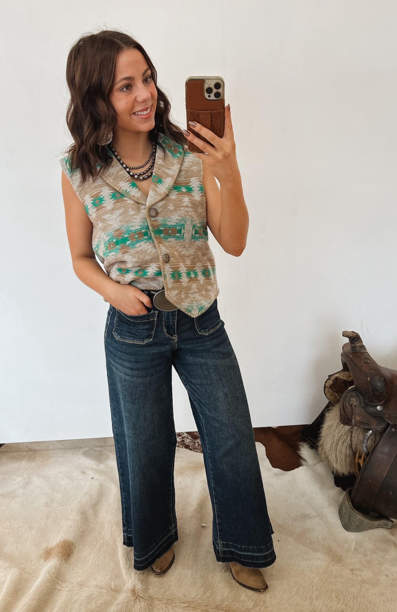 Aztec Button Up Vest Tops - Outwear