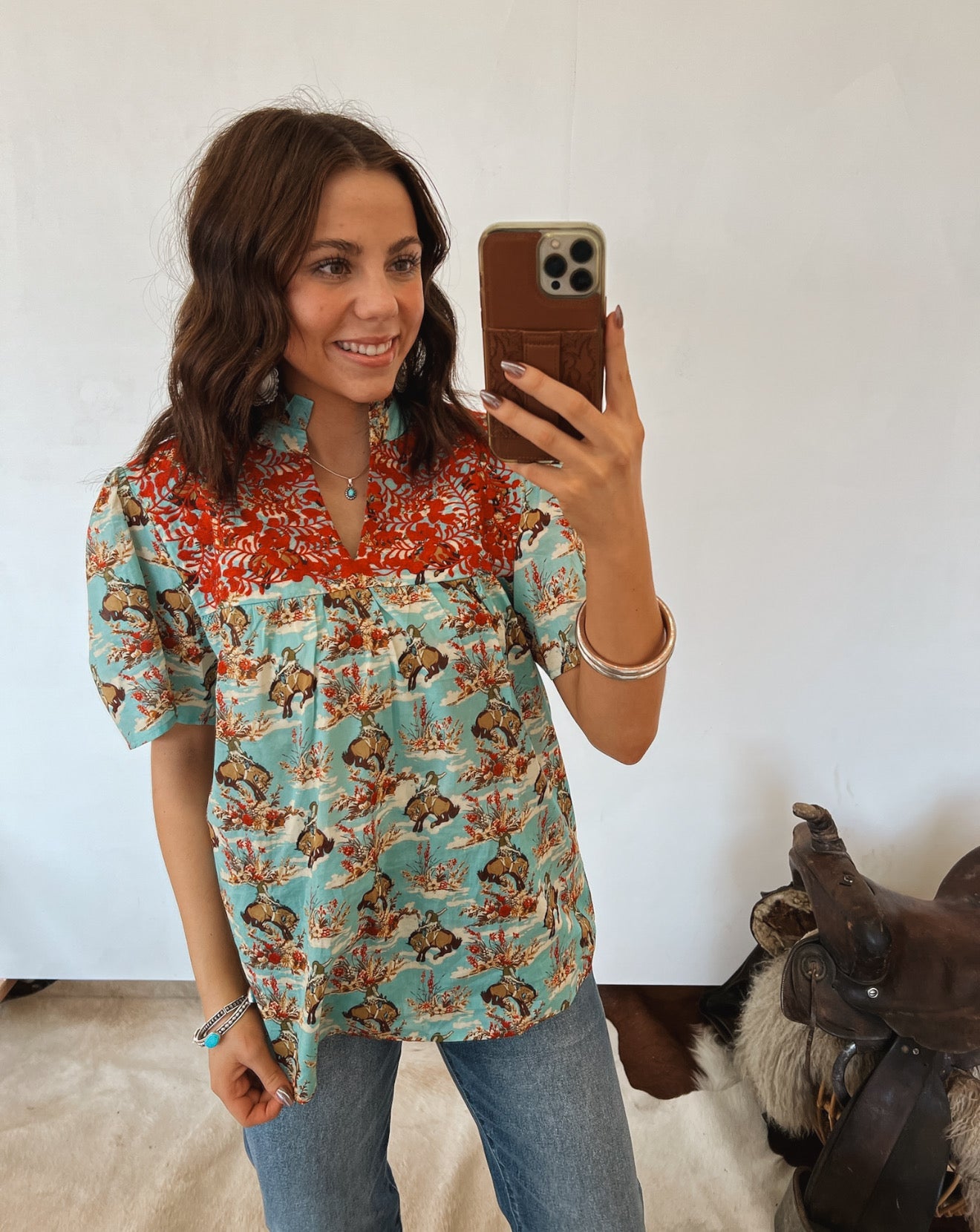 Blue Skies Buckin’ Bronc Embroidered Blouse