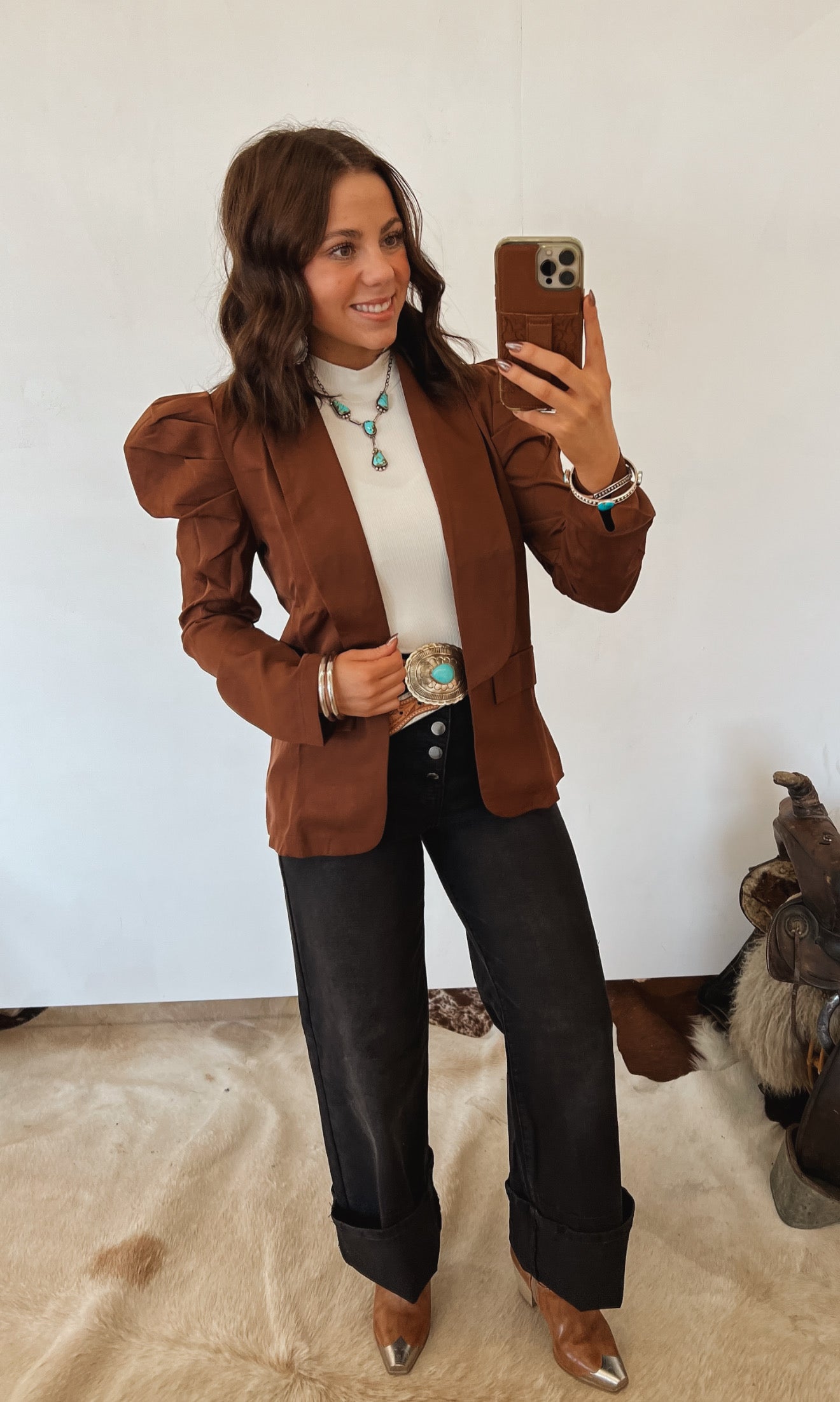 Horse of the West Puff Sleeve Blazer (Cognac)