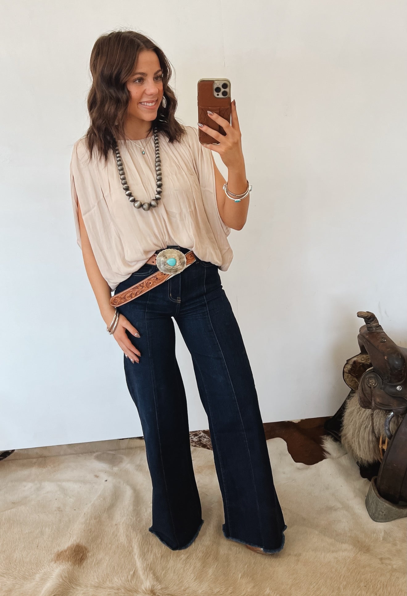 Western Drape Bubble Blouse (Tan)