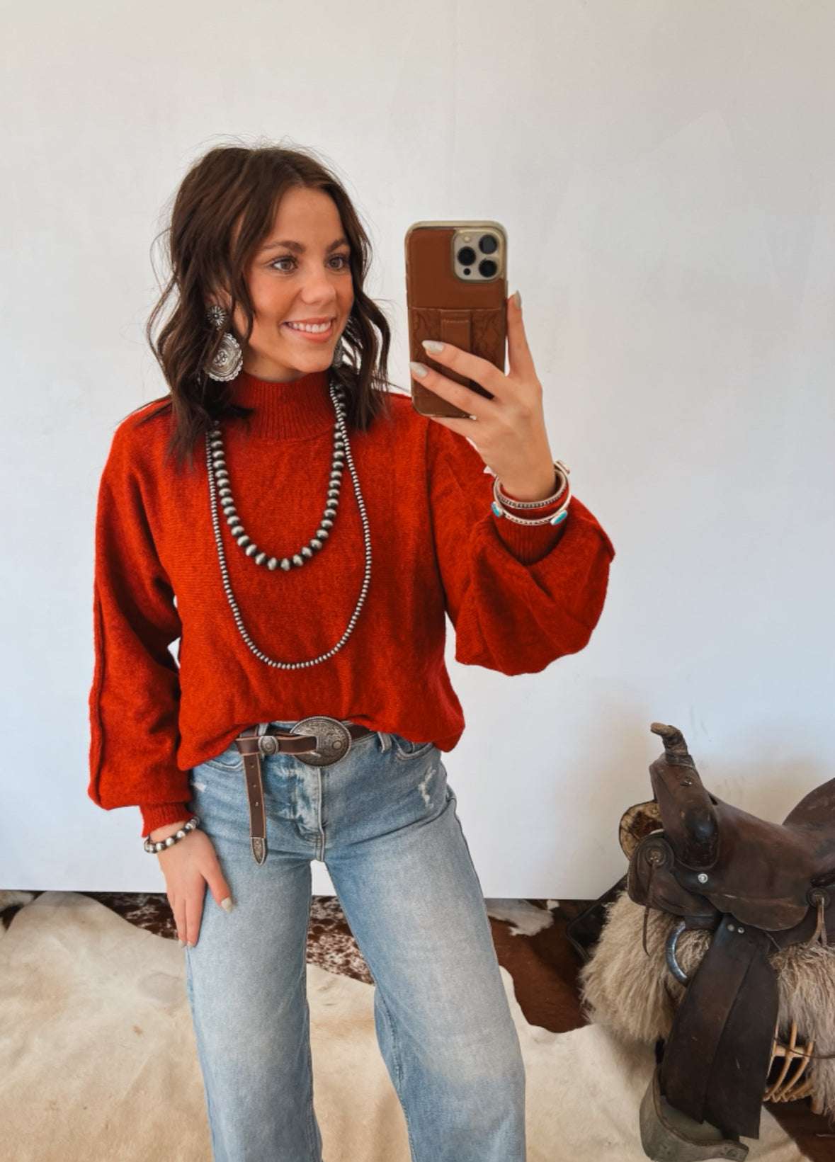 Mock Neck Balloon Sleeve Sweater Top (Sangria)