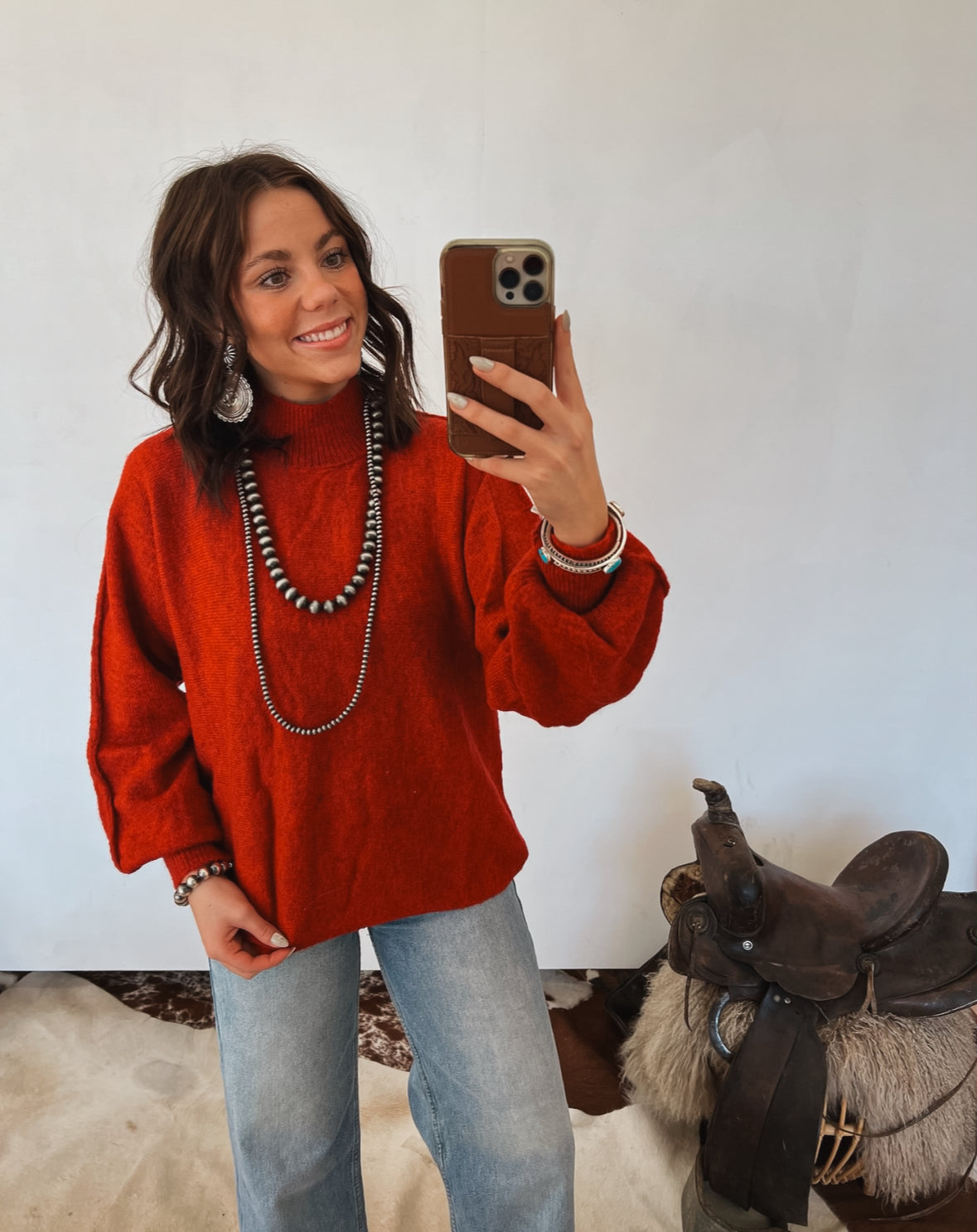 Mock Neck Balloon Sleeve Sweater Top (Sangria)