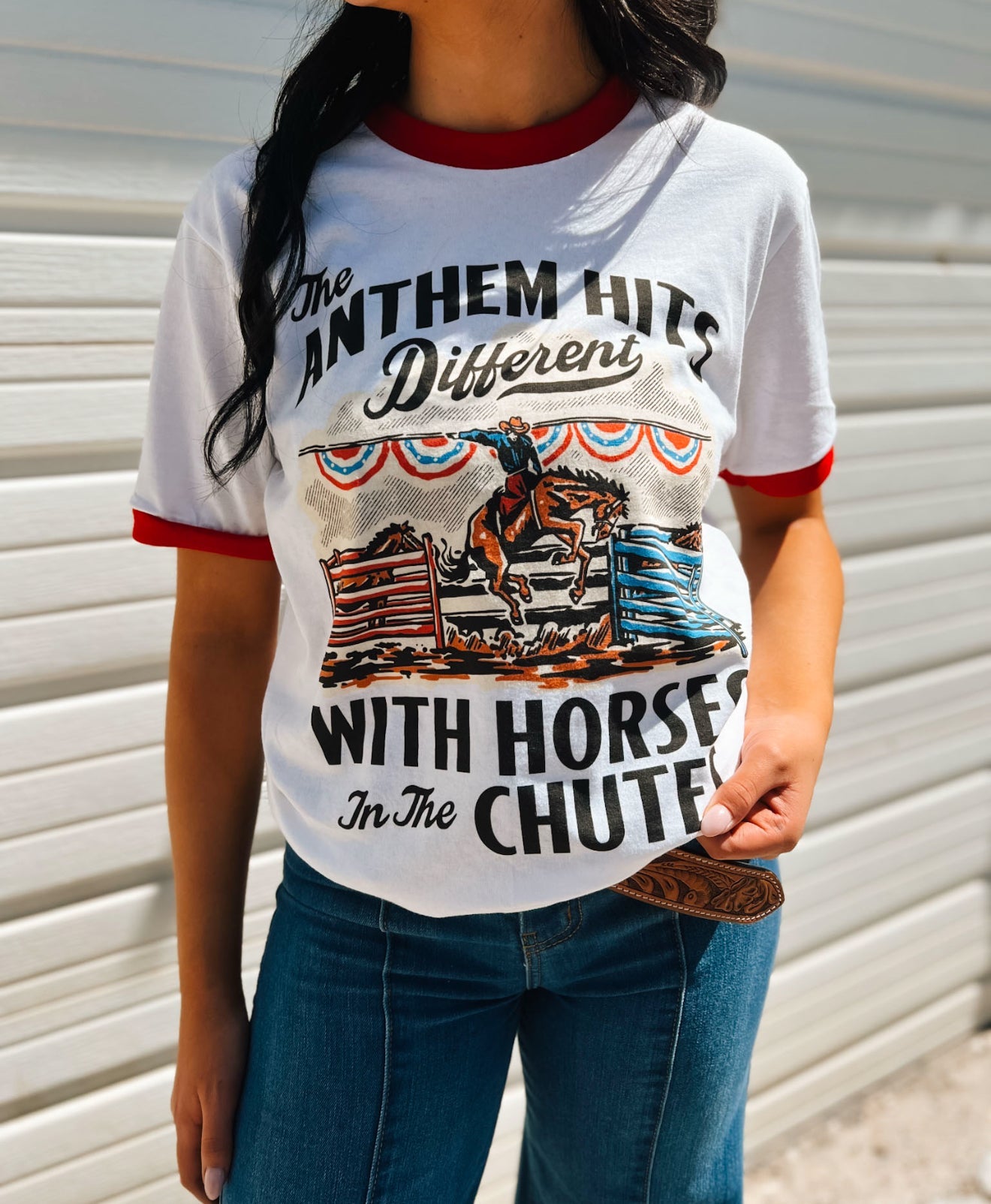 Anthem Hits Different Red Ringer Tee