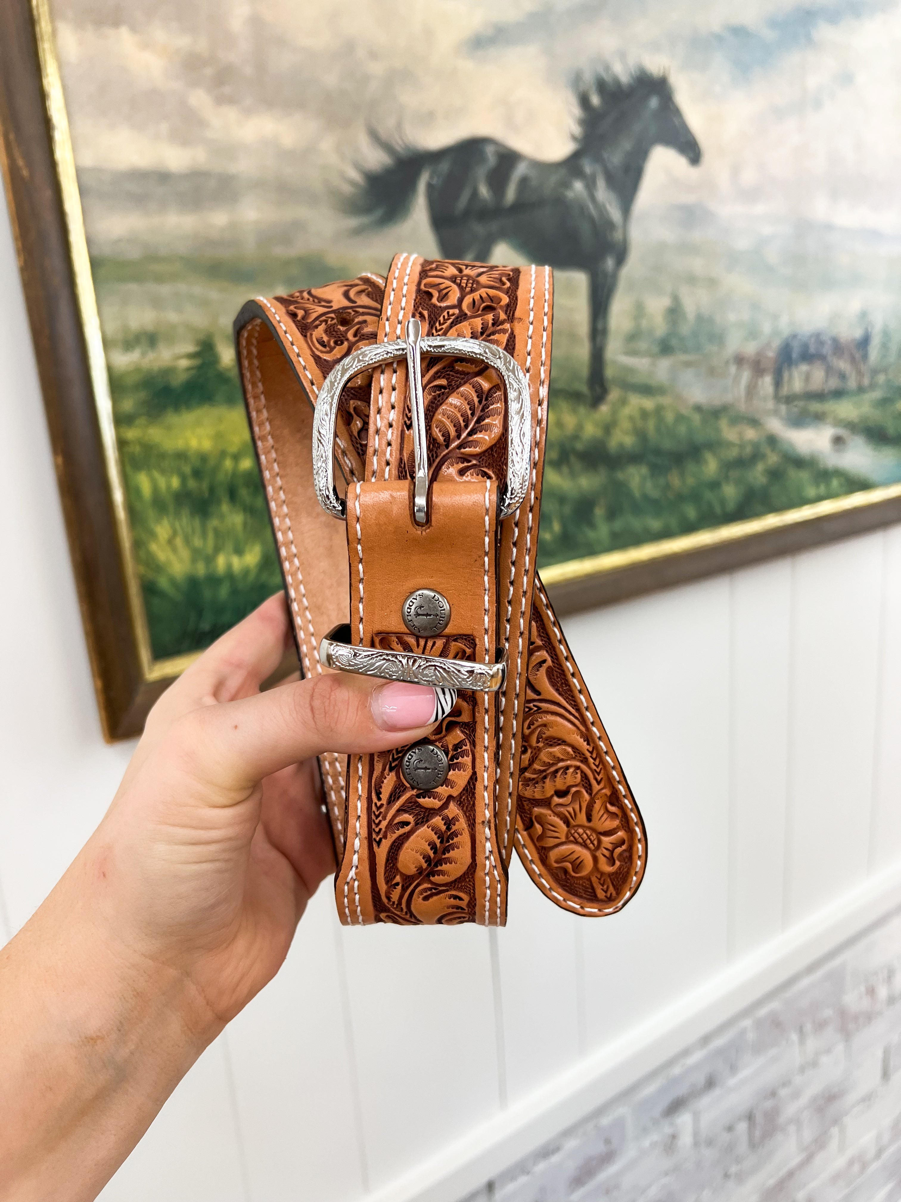 Natural Floral Double Stitch Tooled Belt AD101