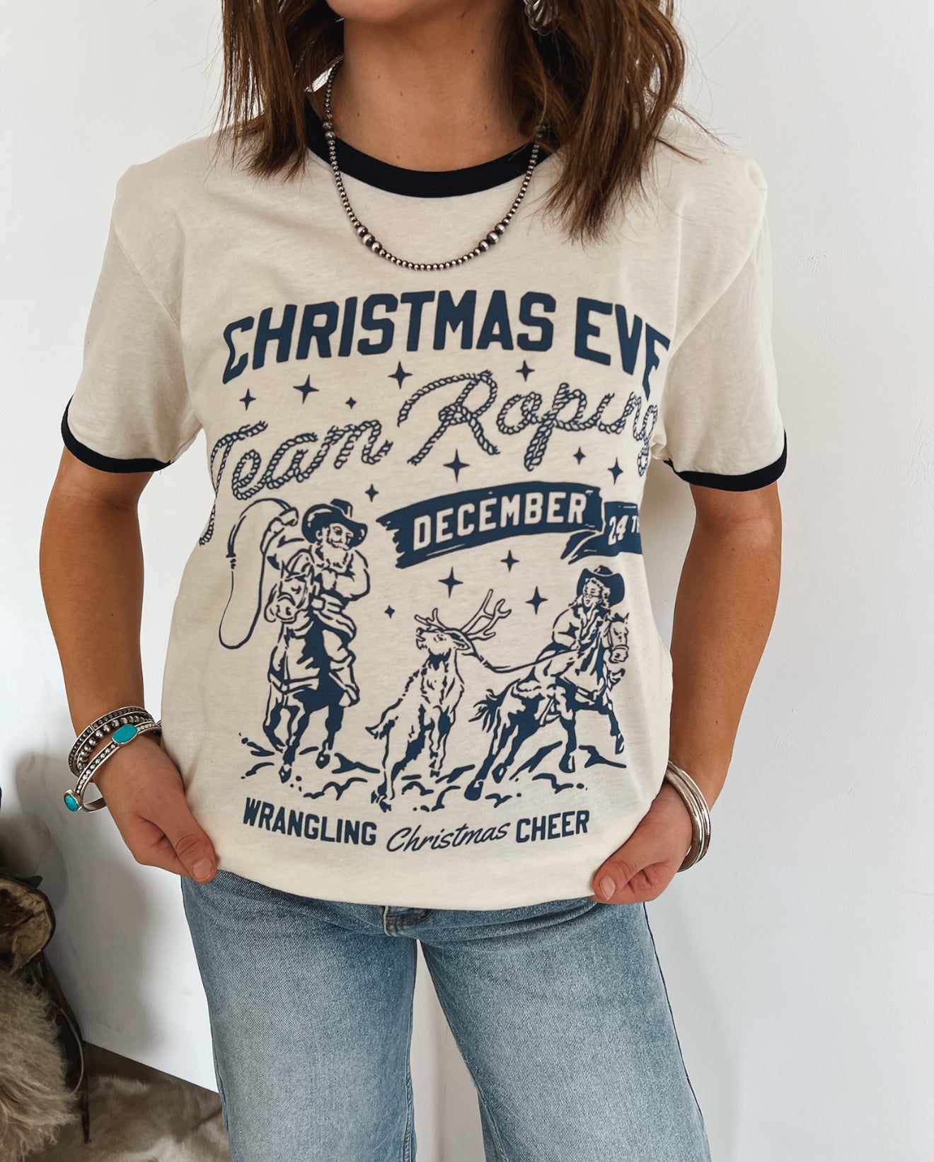 Christmas Eve Team Roping Ringer Tee (Navy)