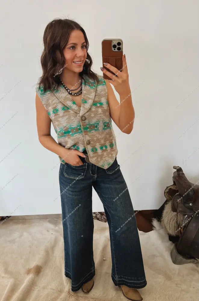 Aztec Button Up Vest Tops - Outwear