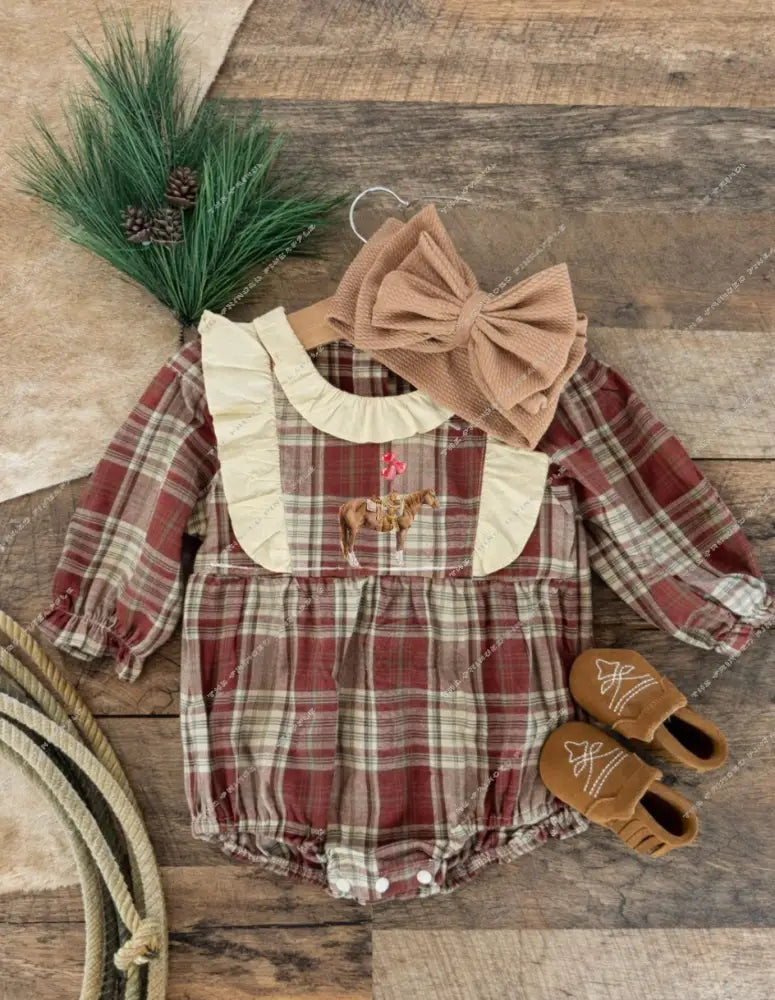 Balloon Horse Plaid Horse Flannel Romper