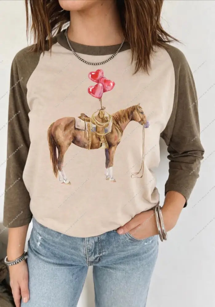 Balloon Horse Valentines Raglan Tee — Mocha/Cream