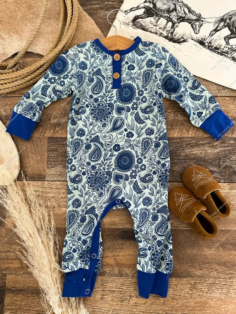 Blue Paisley Button Romper