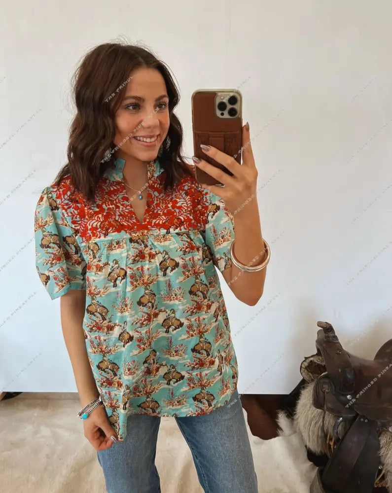Blue Skies Buckin’ Bronc Embroidered Blouse