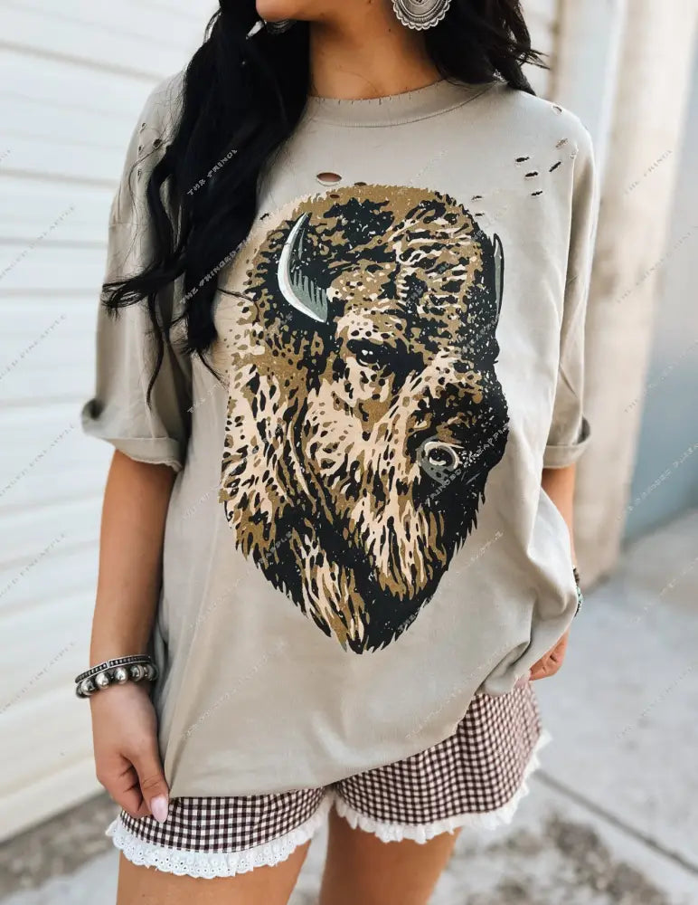 Buffalo Spririt Distressed Tee- Khaki