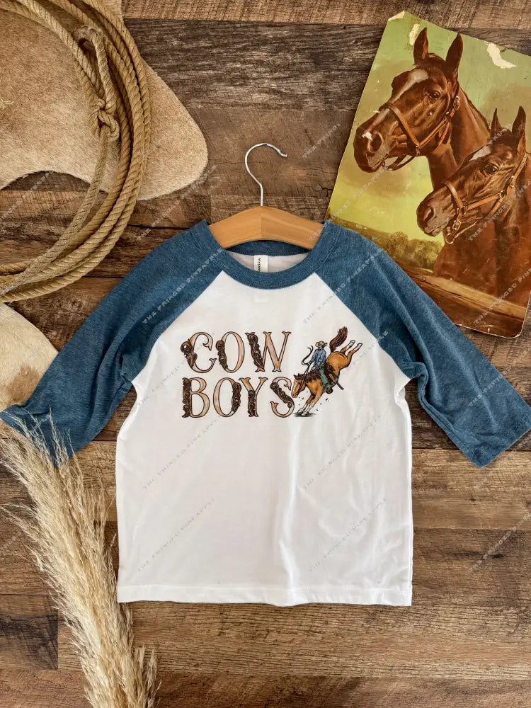 Cow Boys -Western Graphic Baseball Tee (Toddler)(White/Blue)