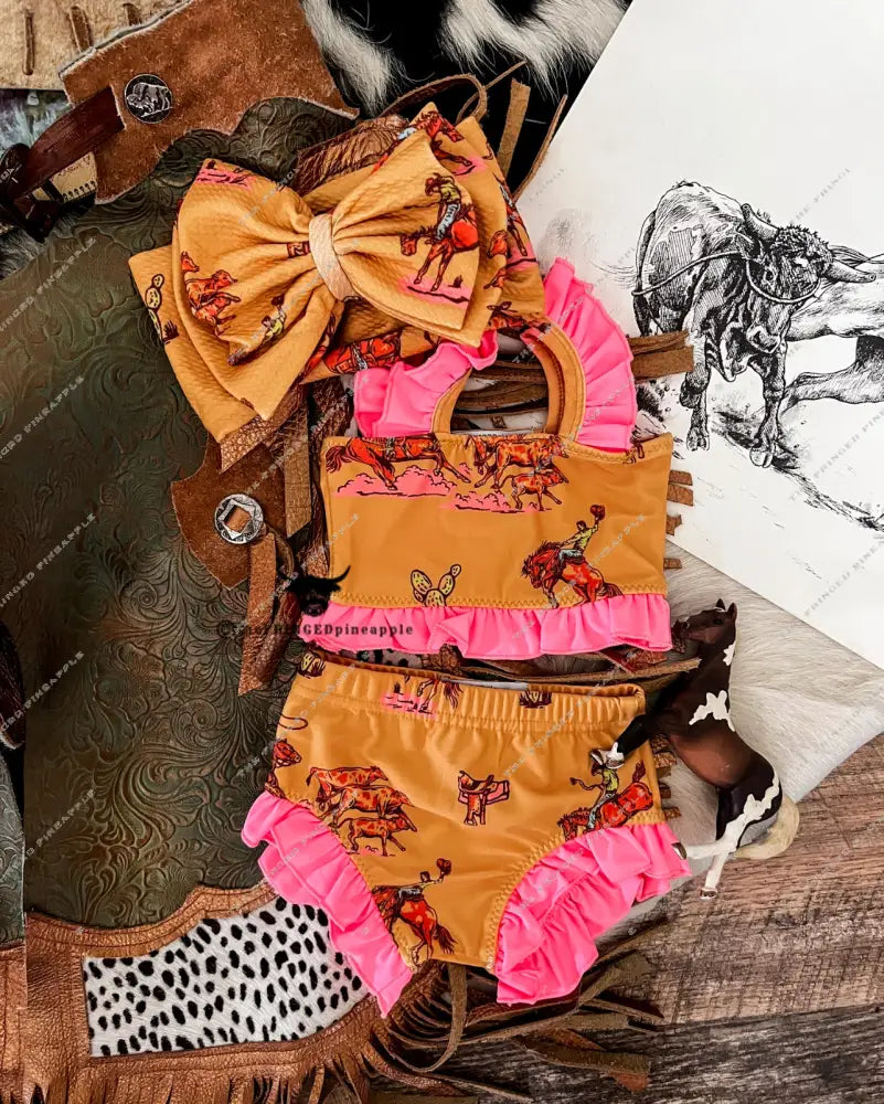 Cowboy Chaser W/Pink Ruffle Two Piece Swimsuit (Minis)