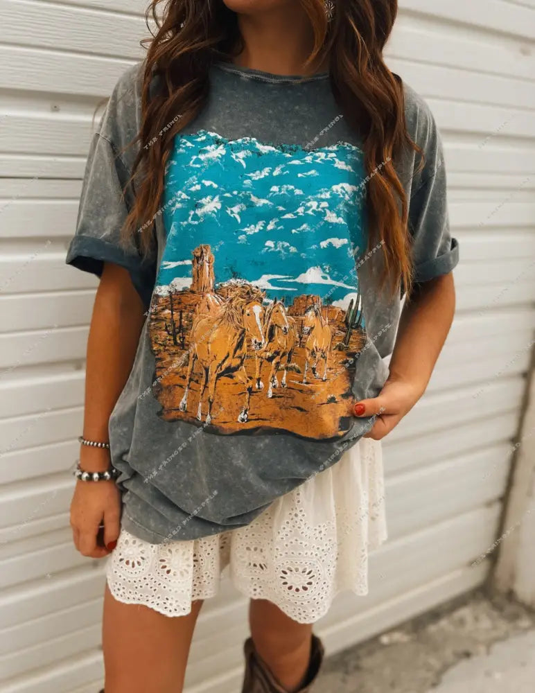 Desert Mustangs Faded Tee- Denim