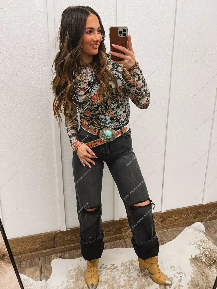 Floral Ways Mesh Top(Black/Red) Tops