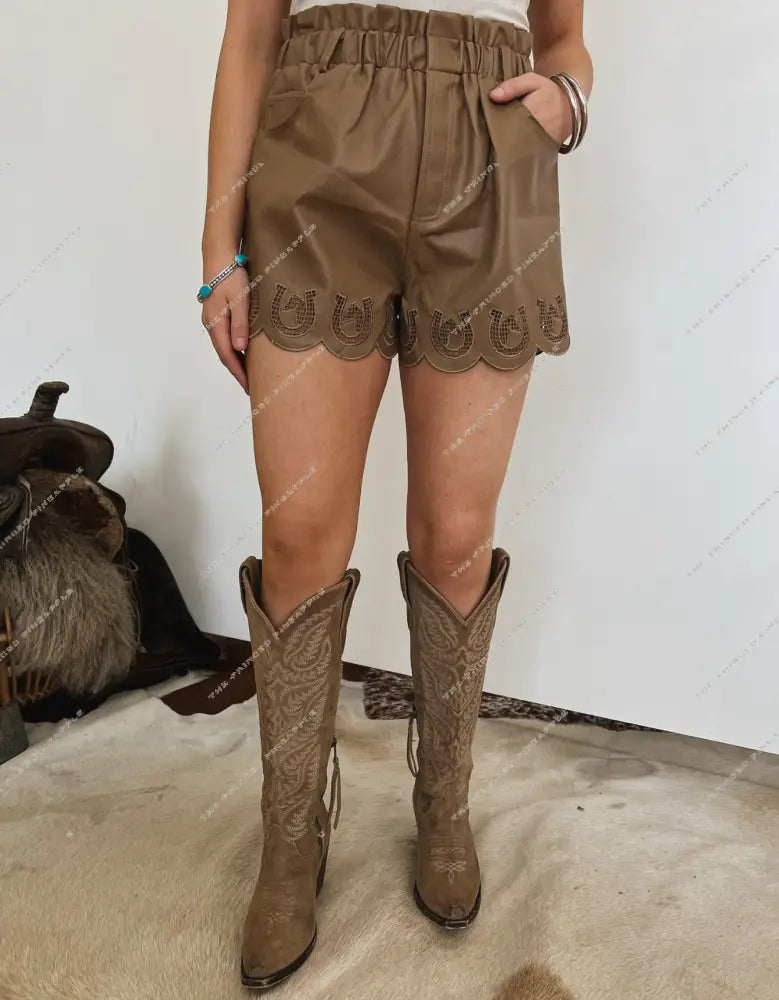 Horse Shoe Embroidery Faux Leather Shorts