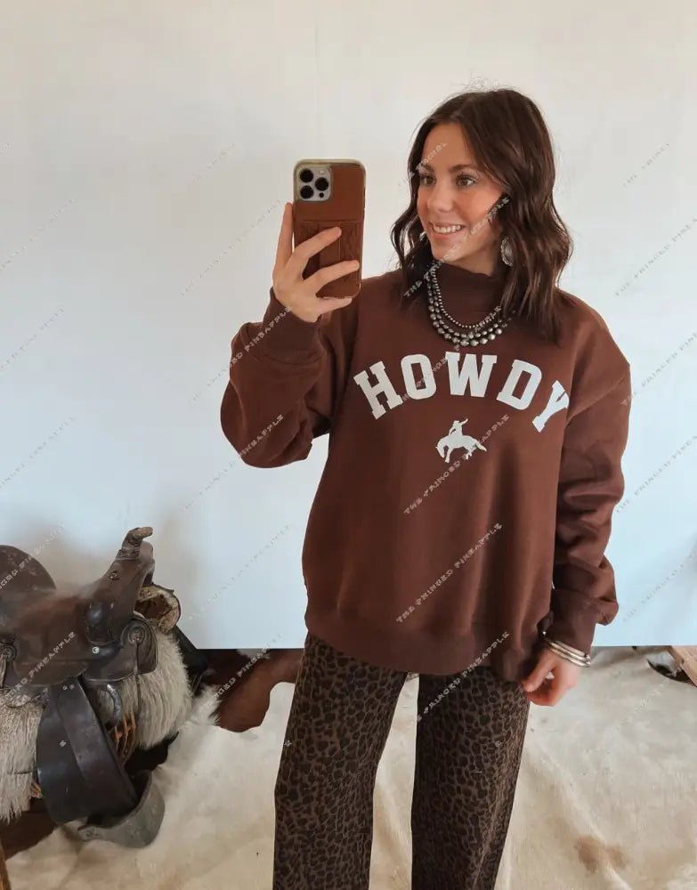 Howdy Bronc Oversized Mock Neck (Brown)