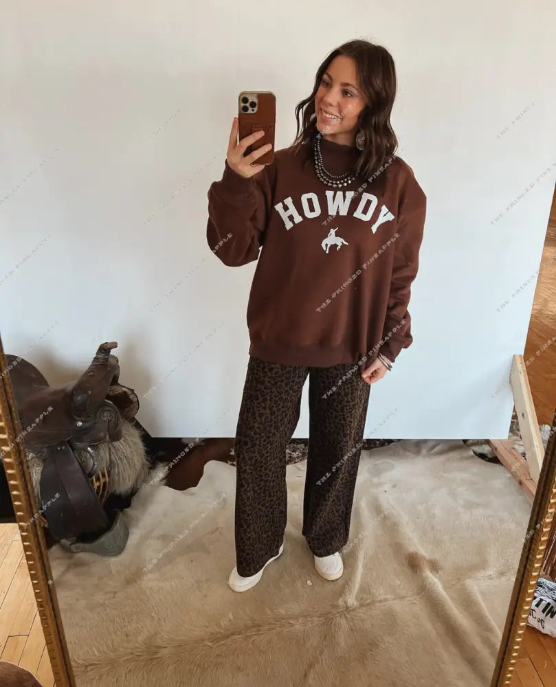 Howdy Bronc Oversized Mock Neck (Brown)