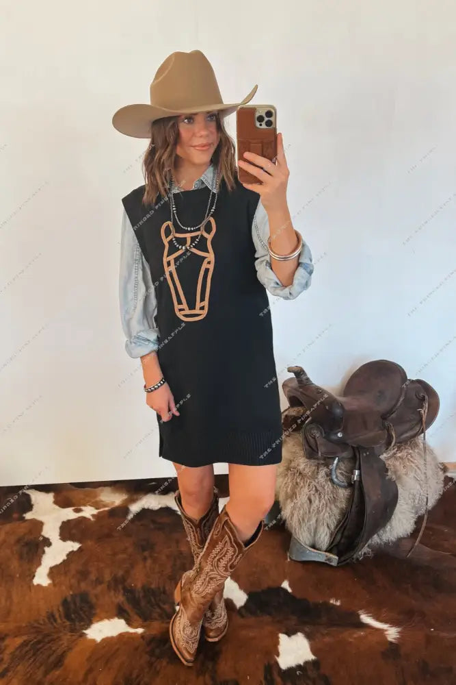 Howdy Horse Sweater Dress (Black)