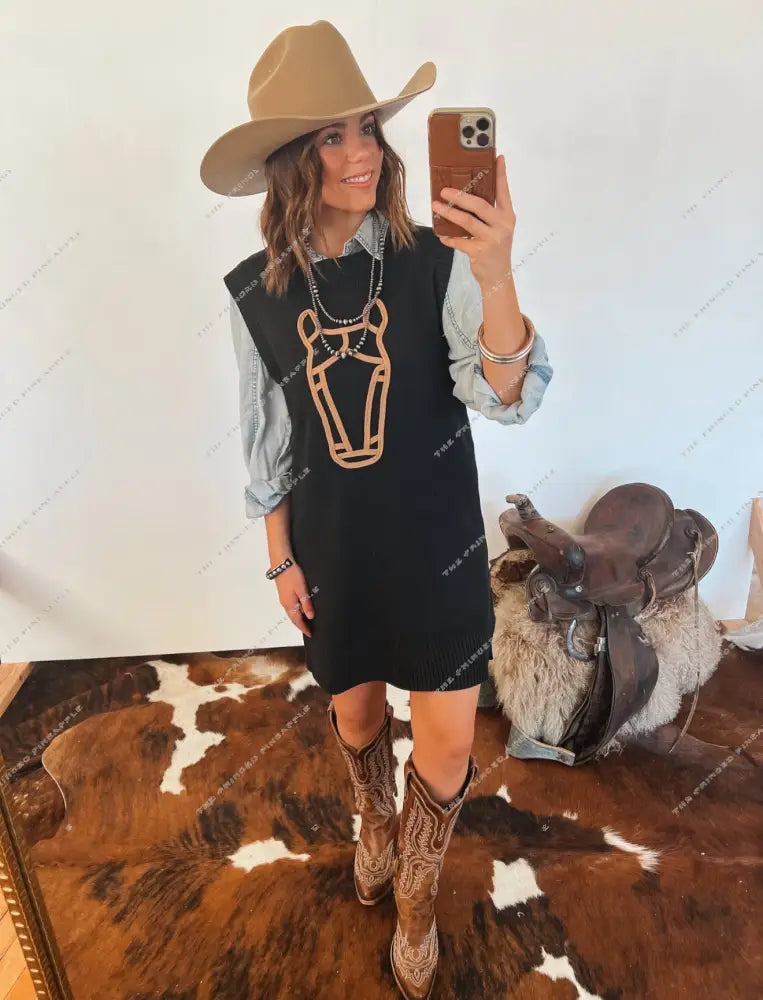 Howdy Horse Sweater Dress (Black)
